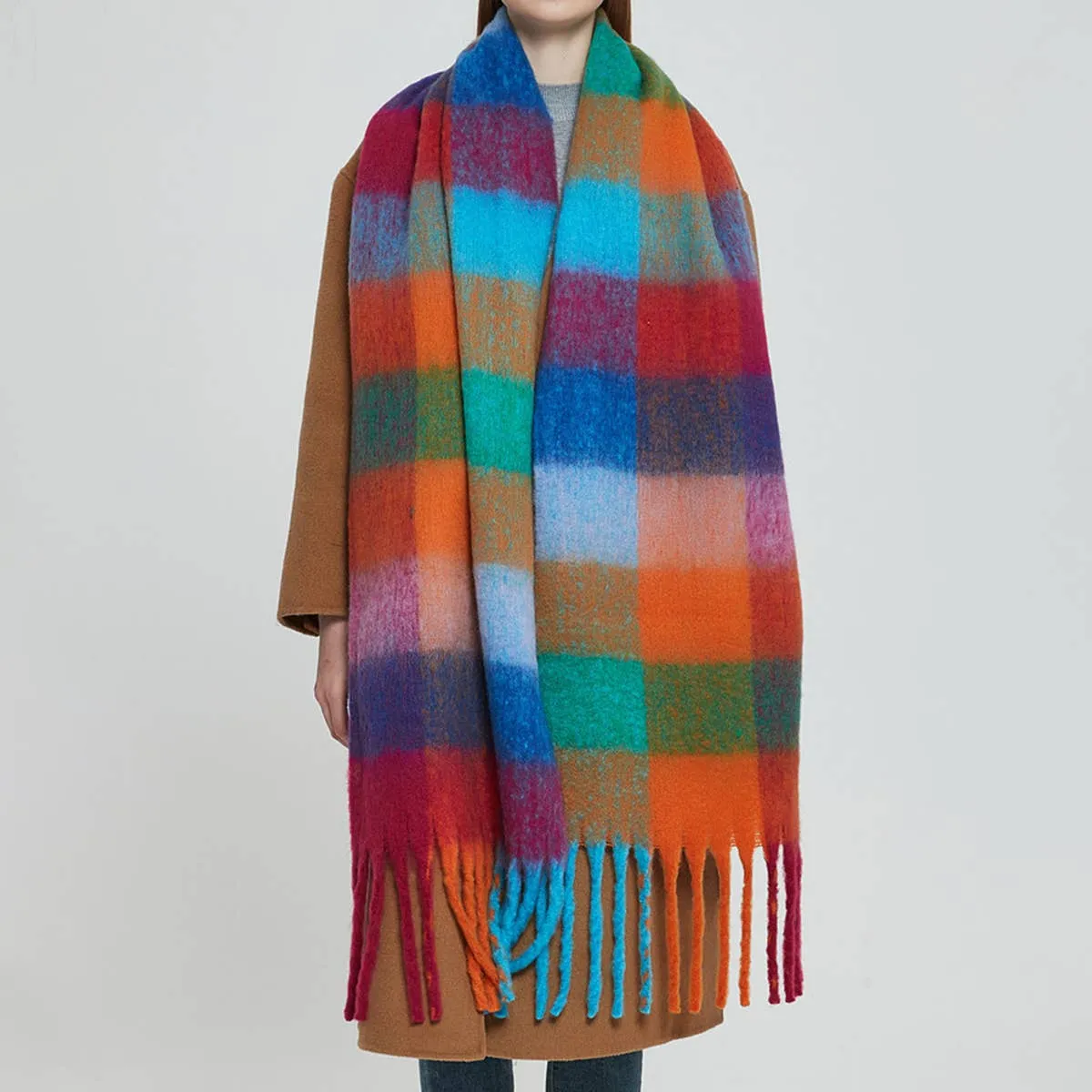 Accity | PLAID PATTERN FRINGE TRIM WINTER SCARF: GREEN