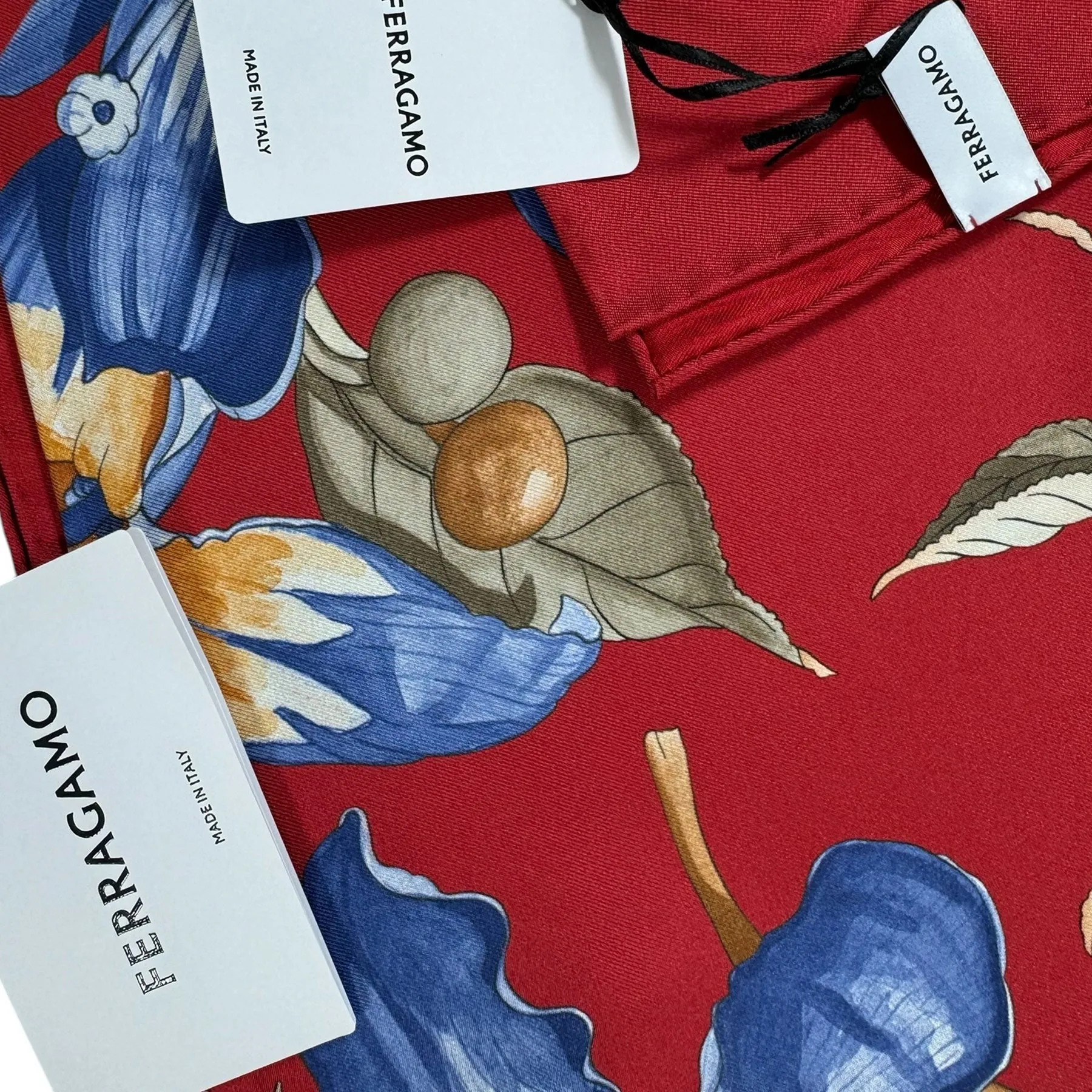 Ferragamo Scarf Red Hibiscus Floral Print - Twill Silk Foulard - New Collection