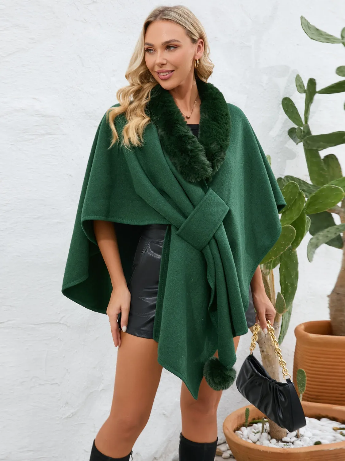 Fuzzy Trim Open Front Poncho