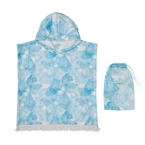 GIRL'S HOODED TERRY PONCHO FLOWERS BLUE