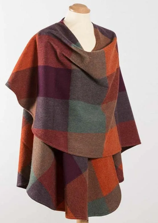 John Hanly Lambswool Cape | Orange Maroon Green Block