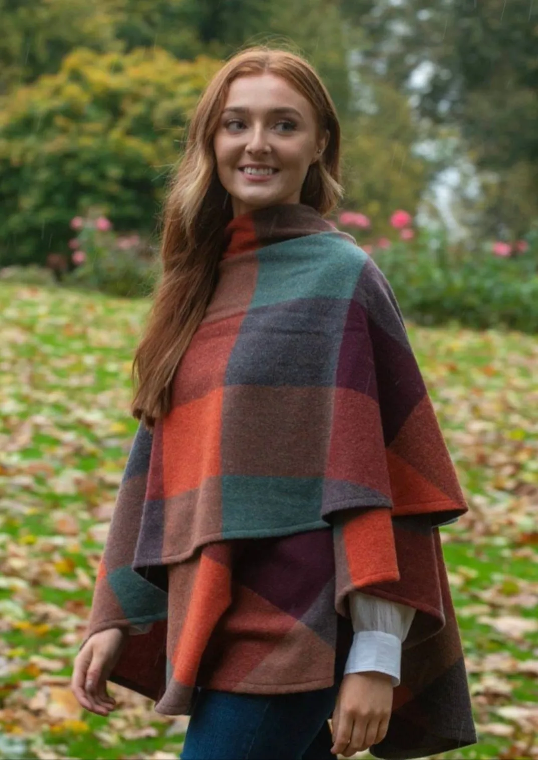 John Hanly Lambswool Cape | Orange Maroon Green Block