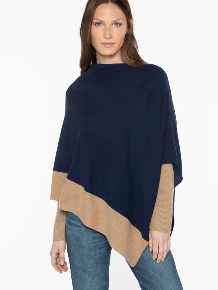 Kinross Cashmere Contrast Trim Poncho In Navy And Camel LFAC4-264