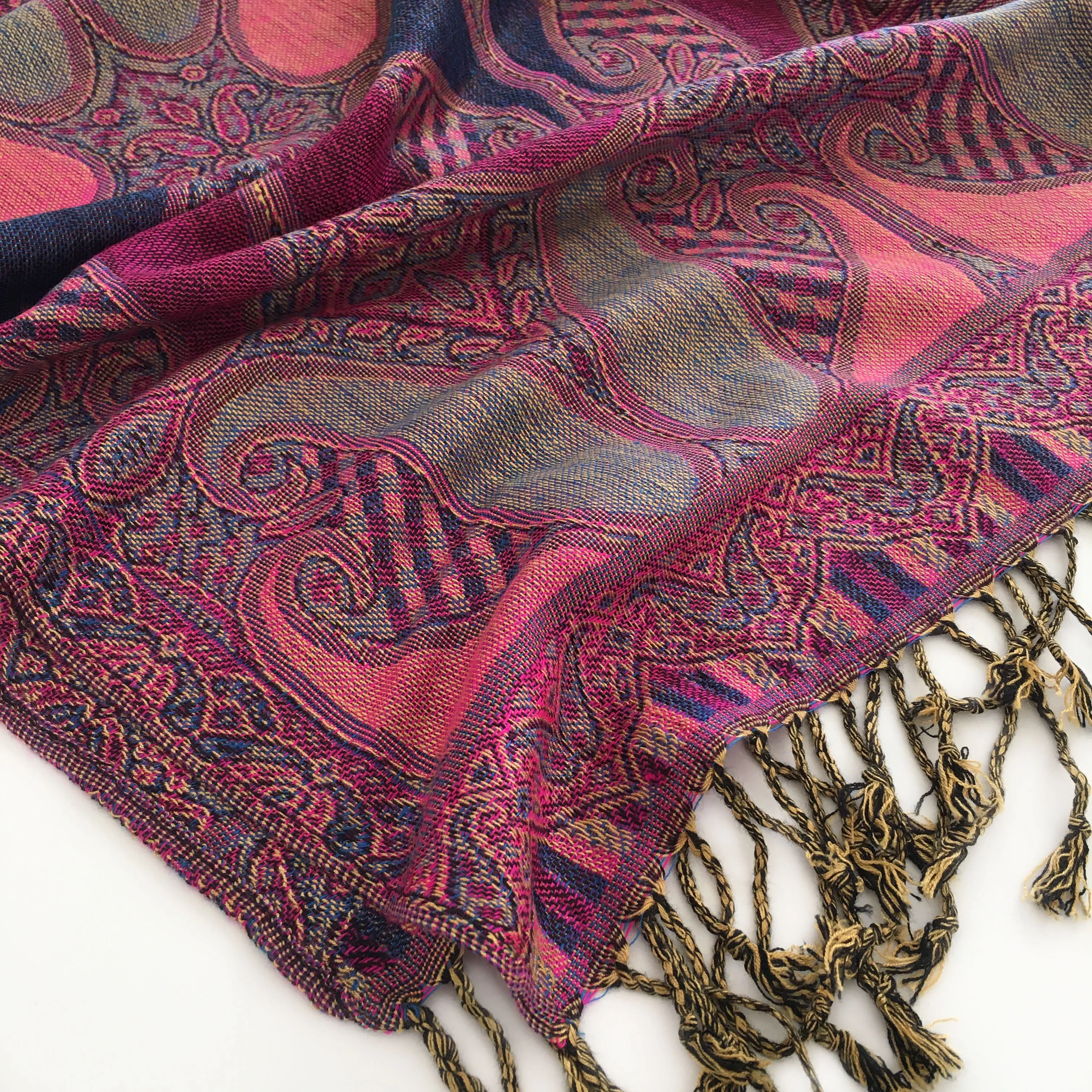 LARGE FUCHSIA PINK GINGHAM PAISLEY PRINT REVERSIBLE PASHMINA SHAWL SCARF