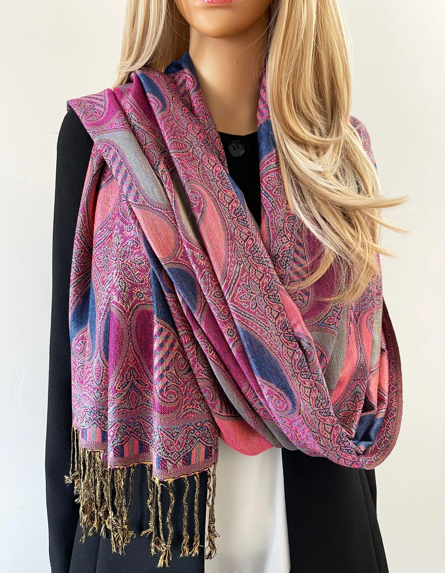 LARGE FUCHSIA PINK GINGHAM PAISLEY PRINT REVERSIBLE PASHMINA SHAWL SCARF