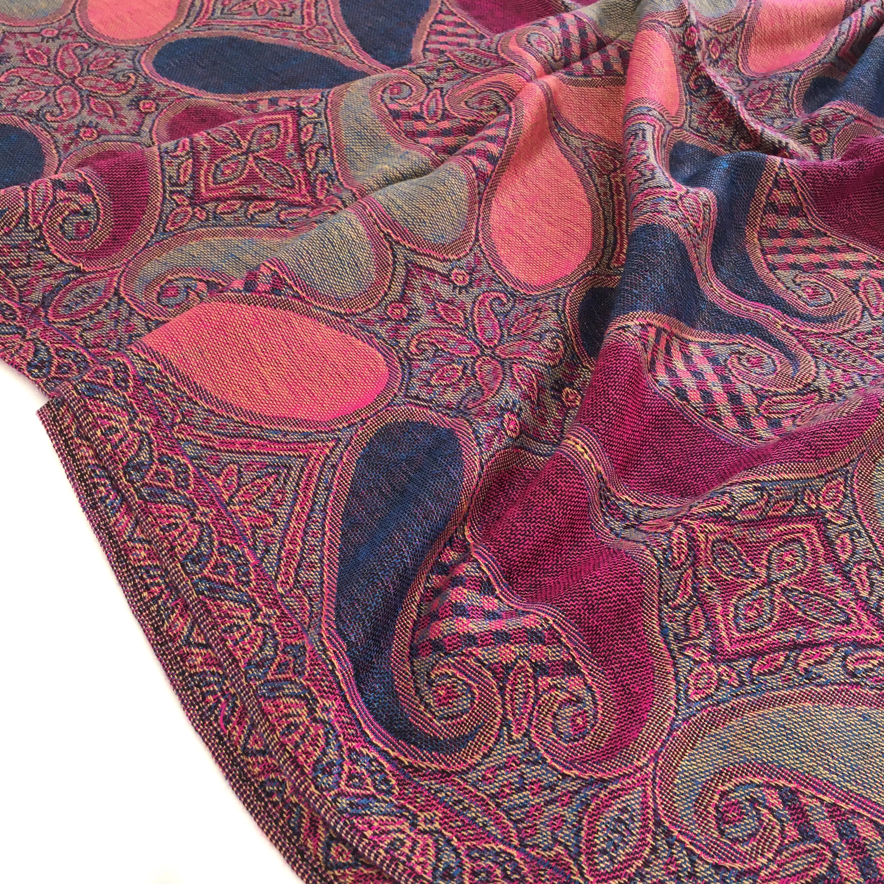 LARGE FUCHSIA PINK GINGHAM PAISLEY PRINT REVERSIBLE PASHMINA SHAWL SCARF