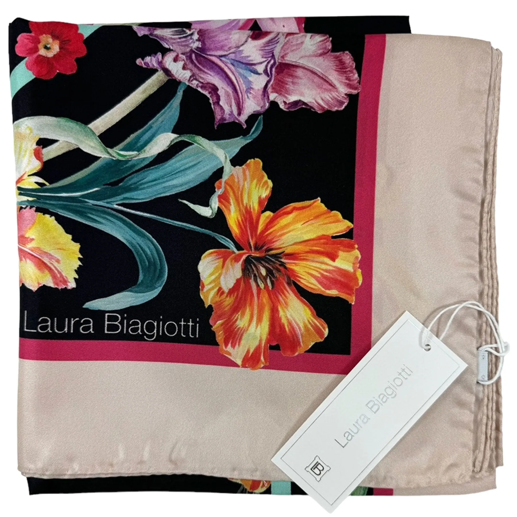 Laura Biagiotti Scarf Tan Green Multi Colors Floral - Square Silk Foulard