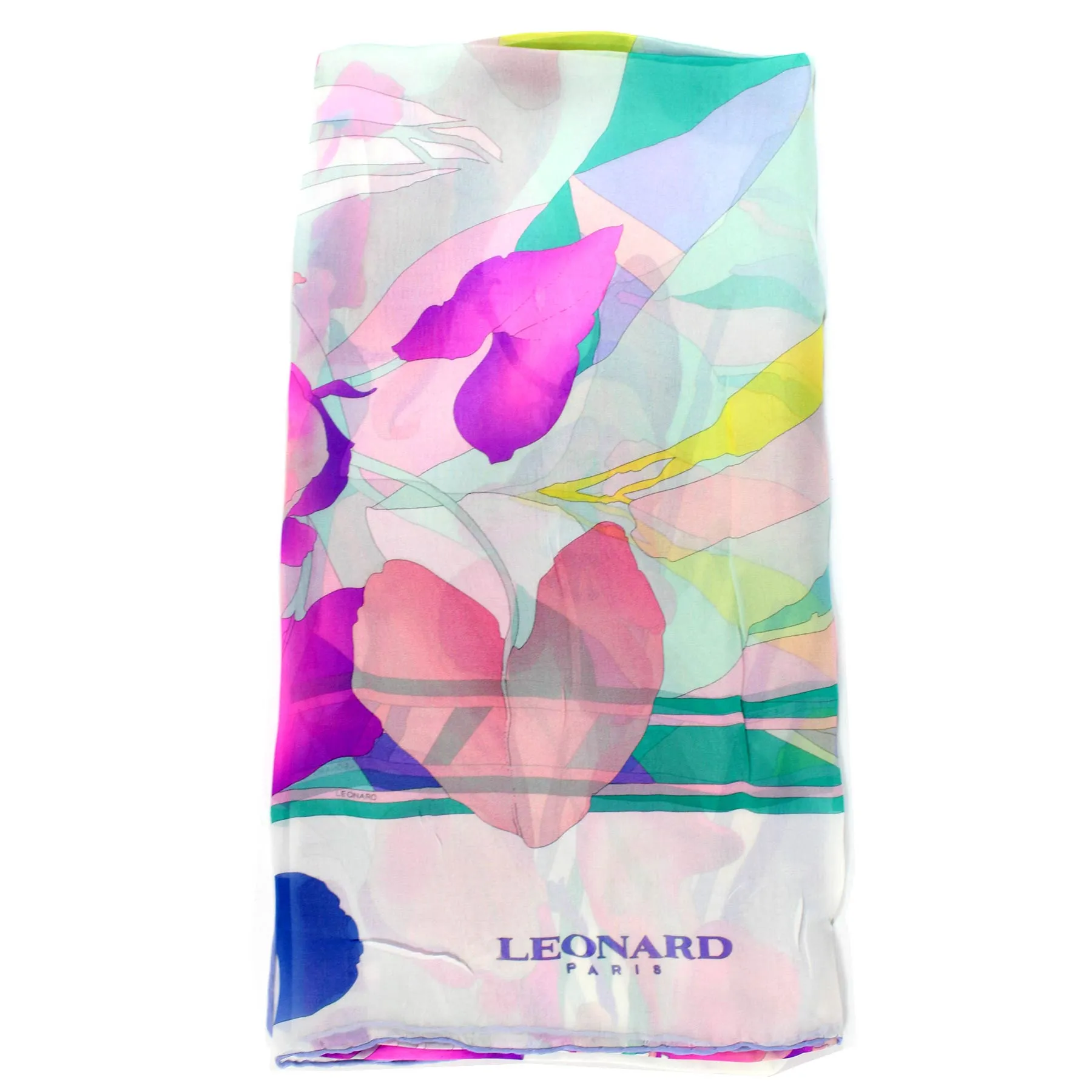 Leonard Paris Scarf Turquoise Pink Floral - Chiffon Silk Shawl SALE