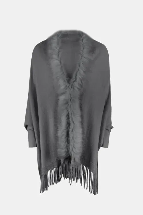 Long Sleeve Poncho with Fringe and Open Front Design