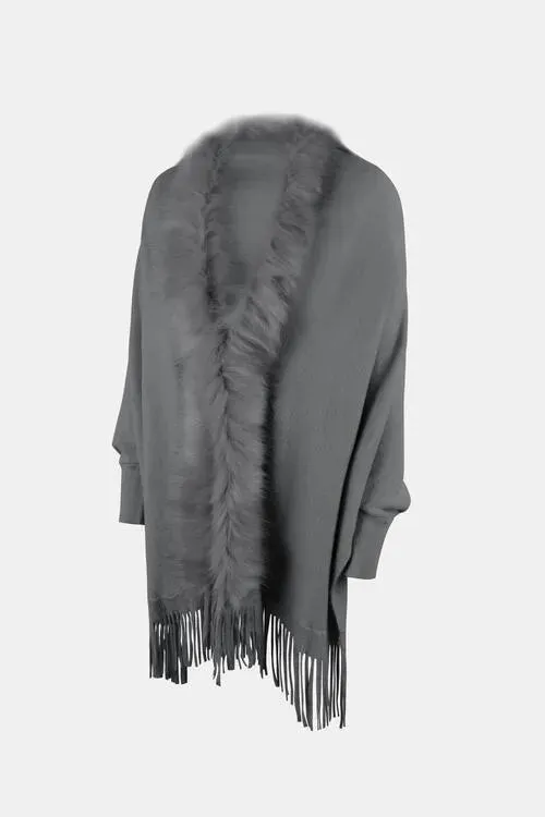 Long Sleeve Poncho with Fringe and Open Front Design