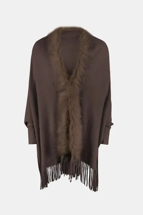 Long Sleeve Poncho with Fringe and Open Front Design