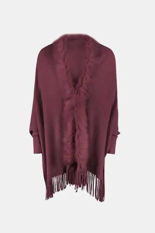 Long Sleeve Poncho with Fringe and Open Front Design