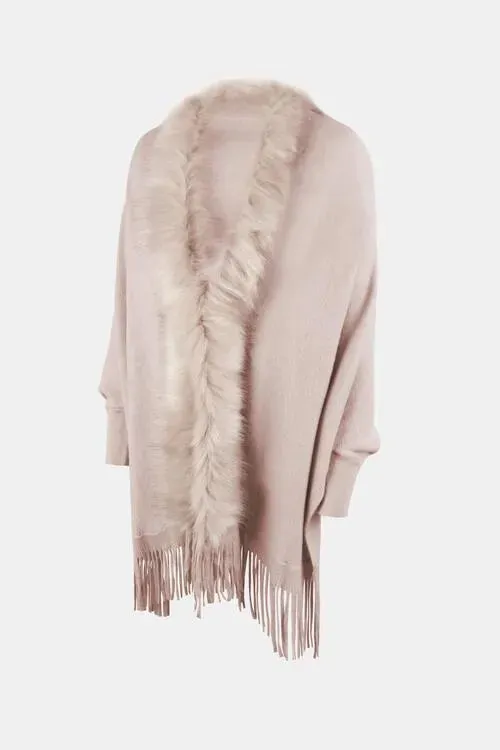 Long Sleeve Poncho with Fringe and Open Front Design