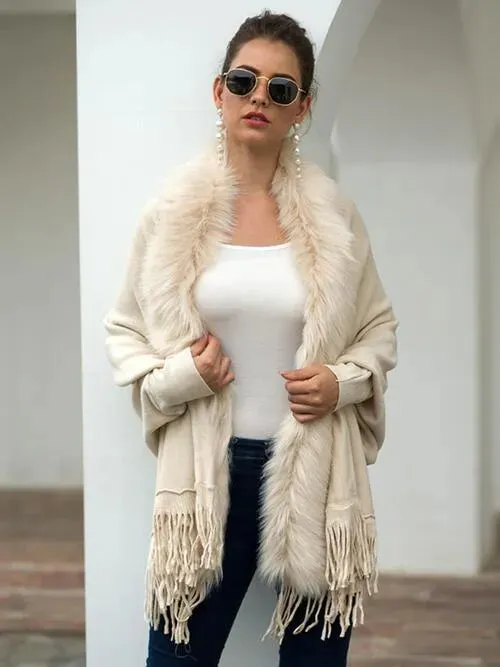 Long Sleeve Poncho with Fringe and Open Front Design