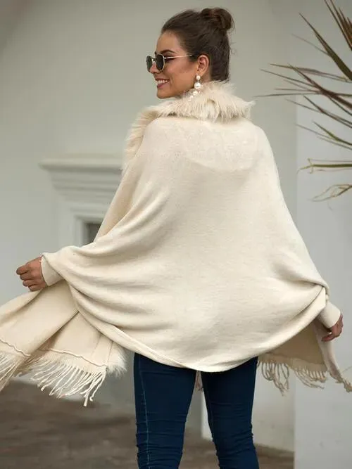 Long Sleeve Poncho with Fringe and Open Front Design