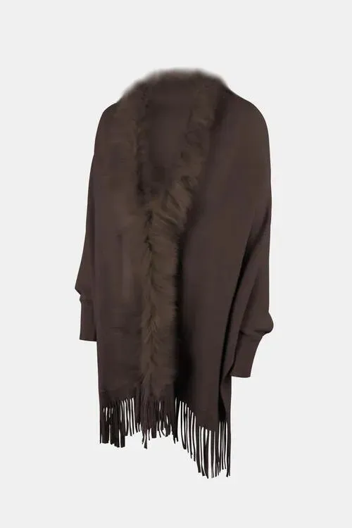 Long Sleeve Poncho with Fringe and Open Front Design