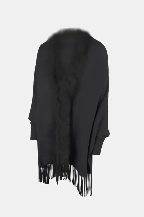 Long Sleeve Poncho with Fringe and Open Front Design