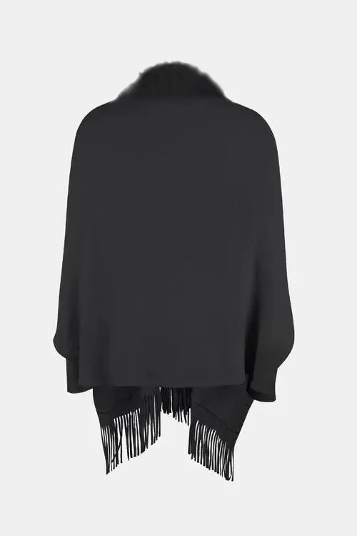 Long Sleeve Poncho with Fringe and Open Front Design