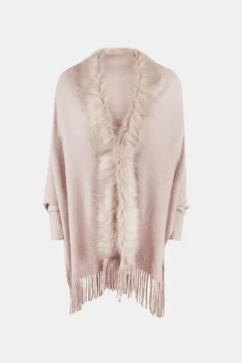 Long Sleeve Poncho with Fringe and Open Front Design