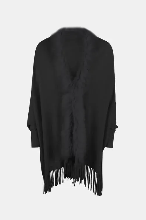 Long Sleeve Poncho with Fringe and Open Front Design