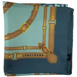 Longchamp Silk Scarf Seafoam Green Brown Gray Equestrian Design Square Foulard BLACK FRIDAY SALE