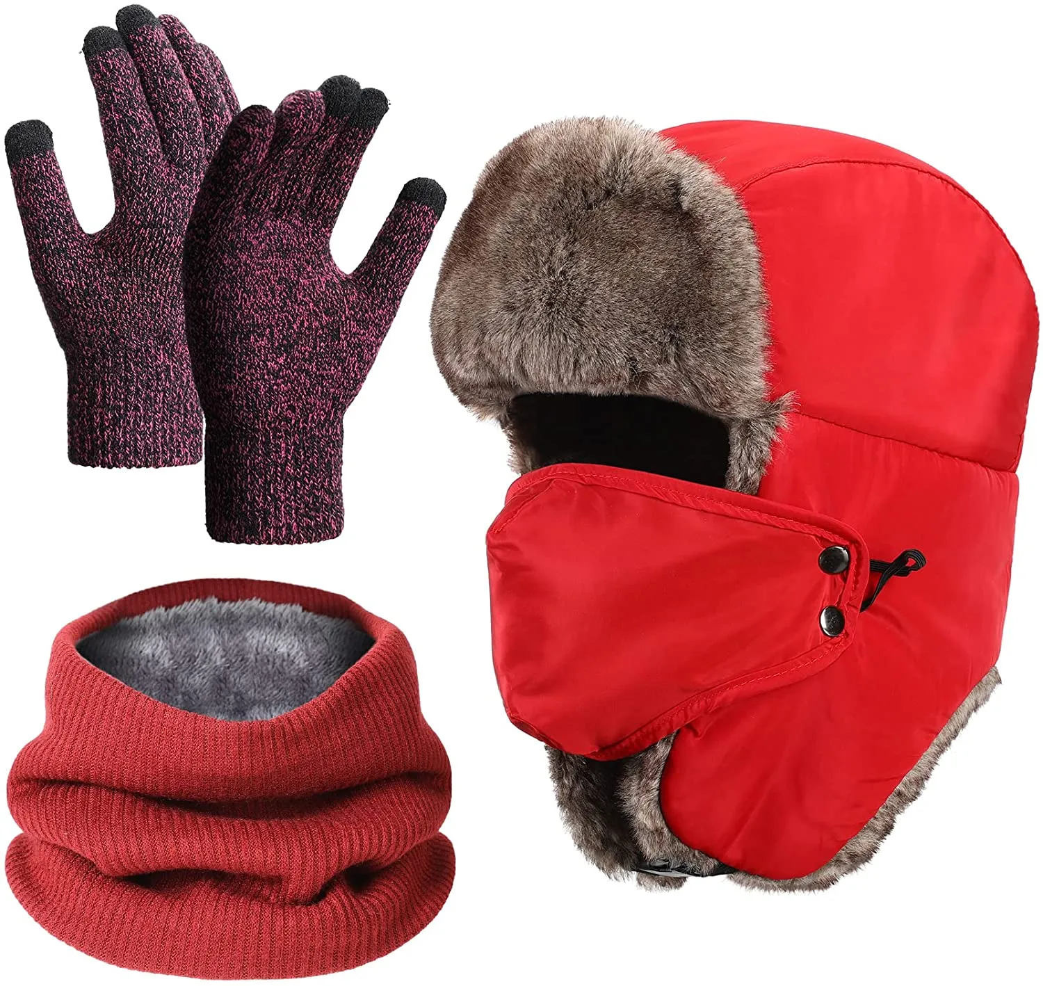 Men's Red 3 Pieces Set Trapper Winter Hat & Gloves