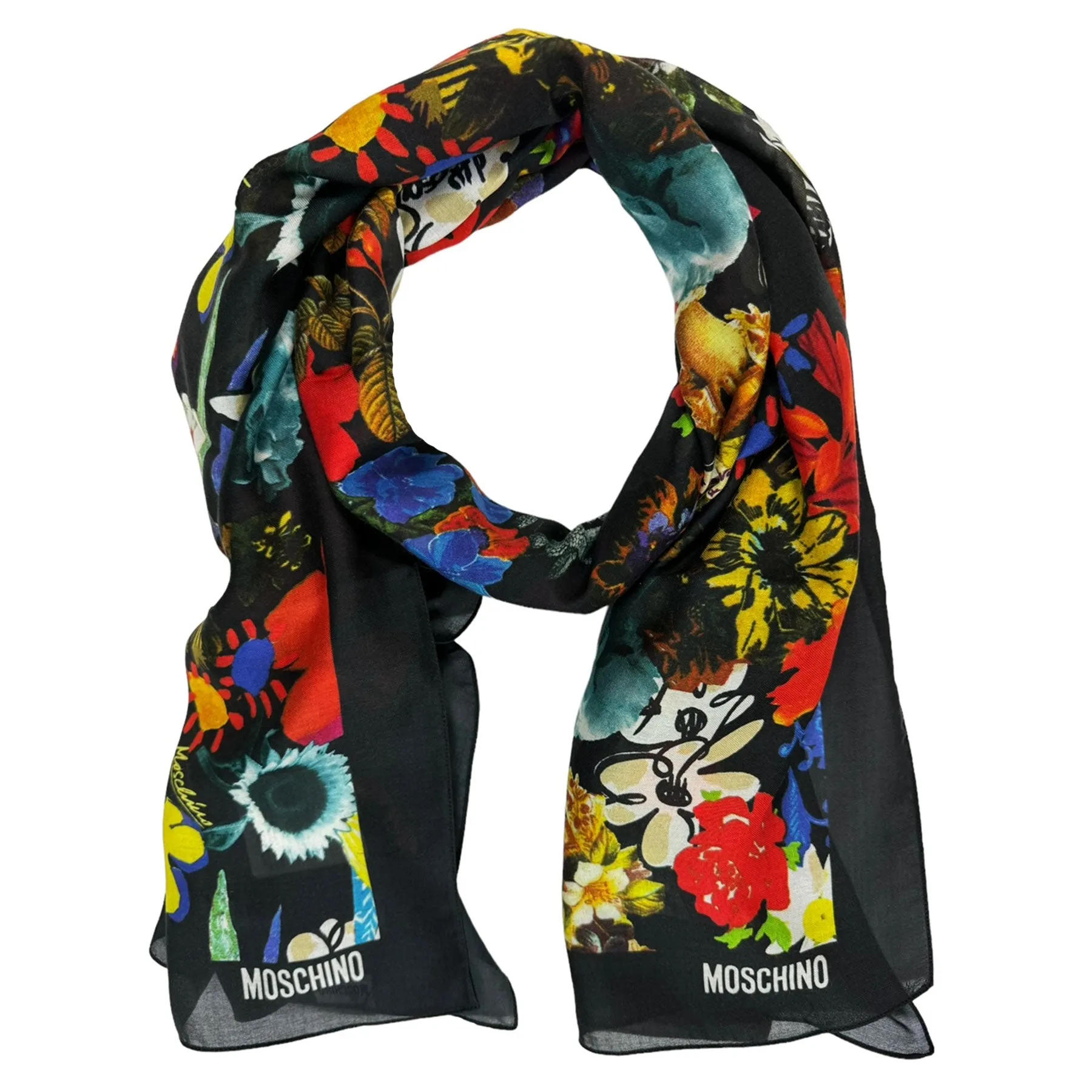 Moschino Scarf Black Floral Design - Modal Shawl - 2024 Collection