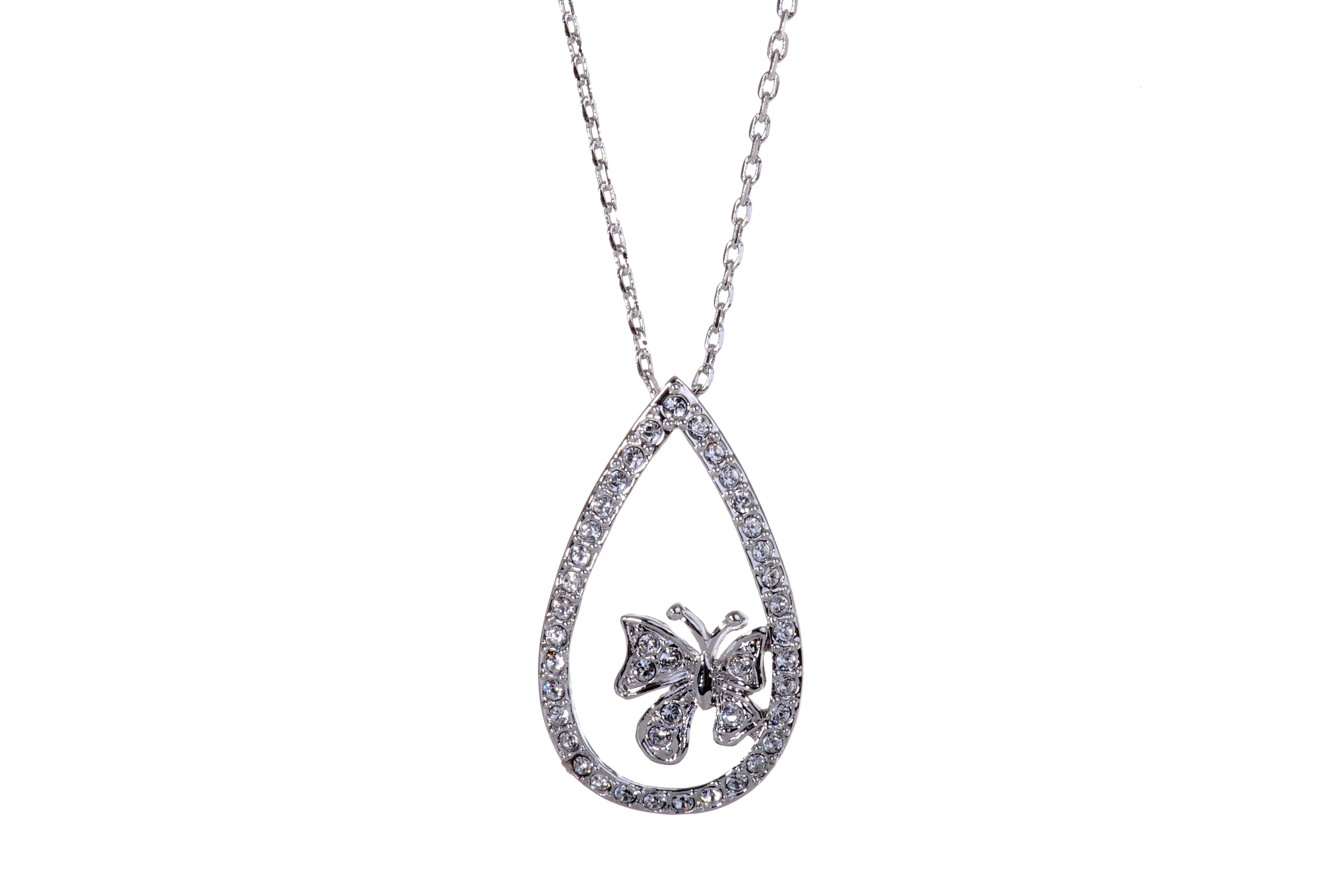 N7126 Butterfly In Loop Rhodium Plated Swarovski Crystal Necklace