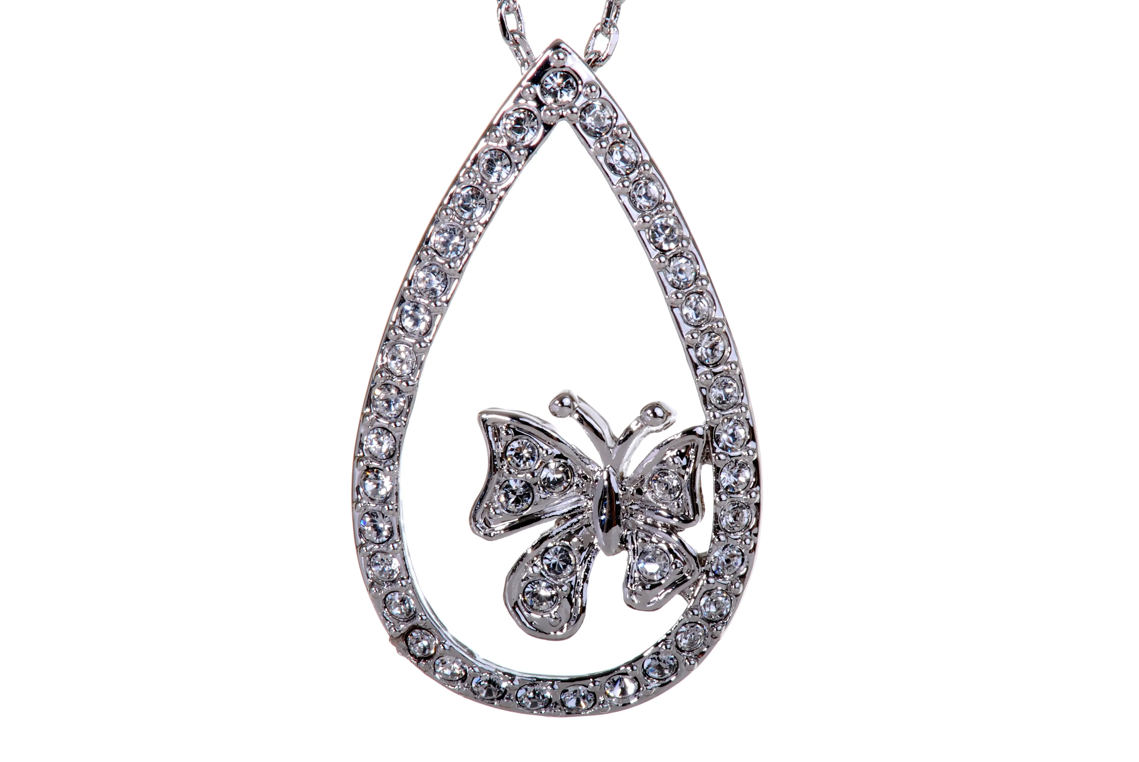 N7126 Butterfly In Loop Rhodium Plated Swarovski Crystal Necklace