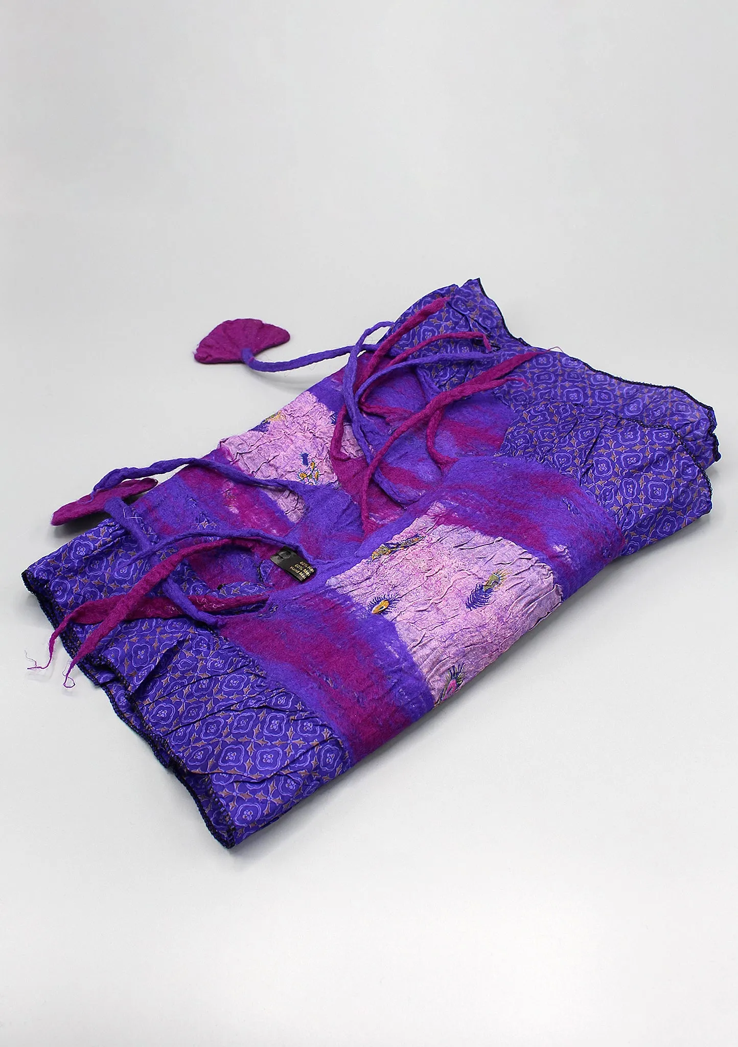 Purple Floral Felt Wool Scarf with Silk Border