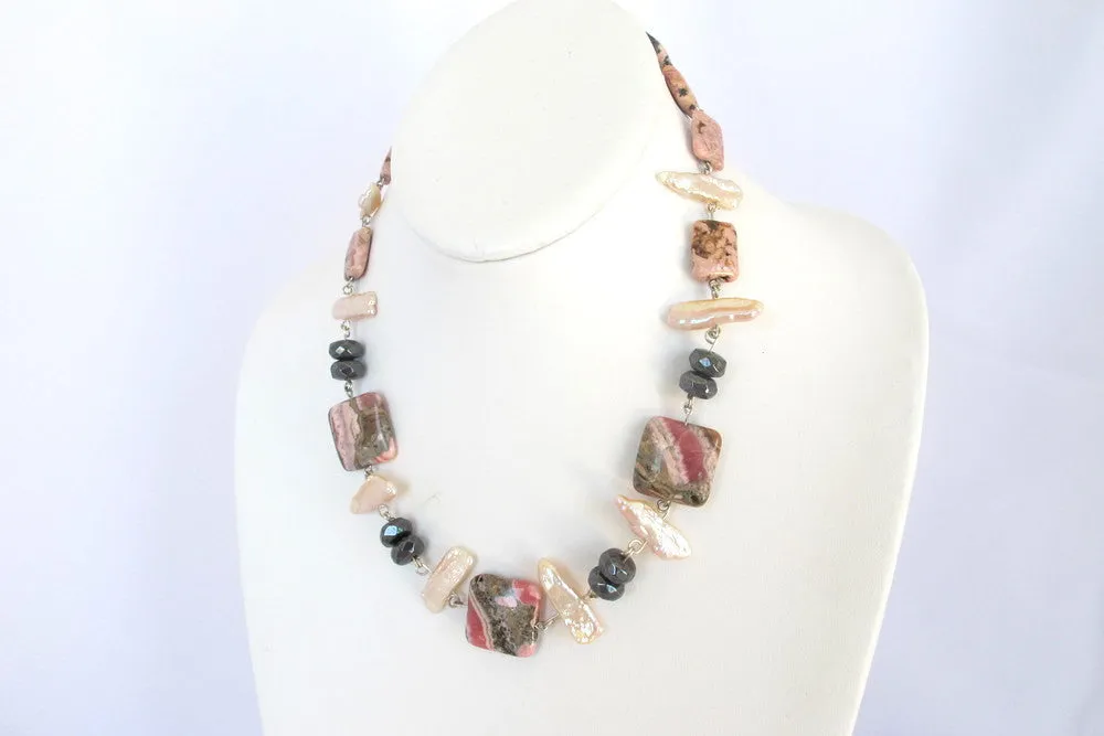 Rhodochrosite and Hematite Necklace with Biwa Pearls