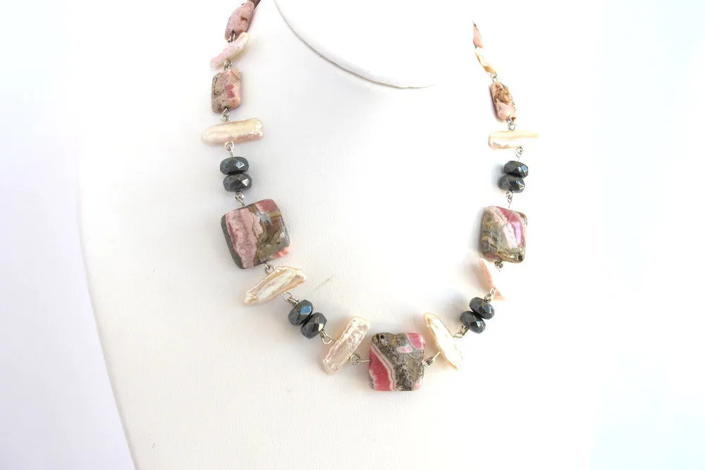 Rhodochrosite and Hematite Necklace with Biwa Pearls