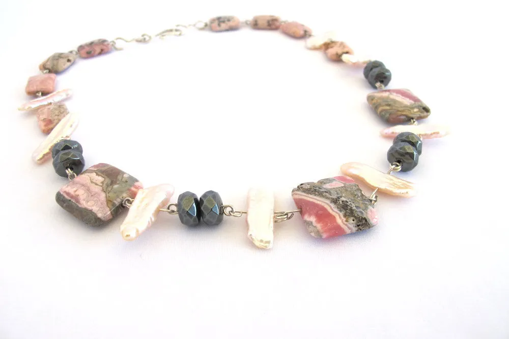 Rhodochrosite and Hematite Necklace with Biwa Pearls