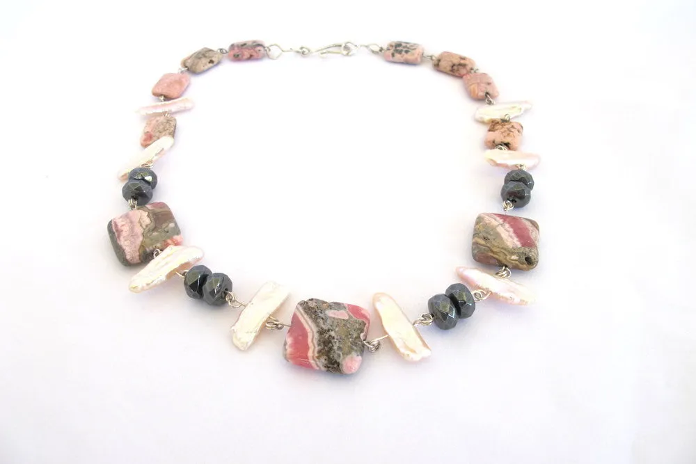 Rhodochrosite and Hematite Necklace with Biwa Pearls