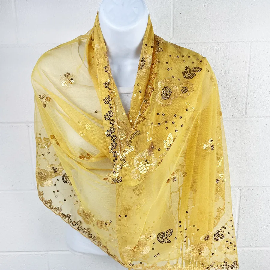 Sequin Fringe Multi Use Scarf Shawl Wrap Gold (1 units)