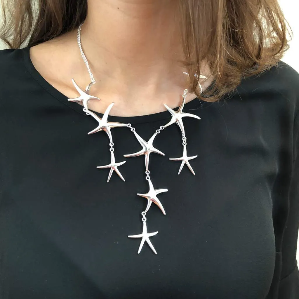 Silver Starfish Statement Necklace and Earrings