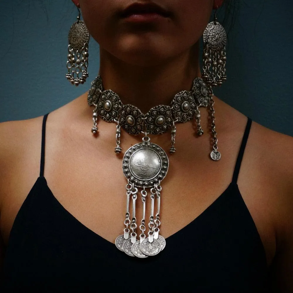 Statement Tribal Coin Necklace & Earrings