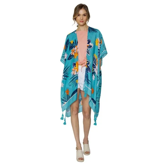 Turquoise Tropical Floral Tassel Kimono