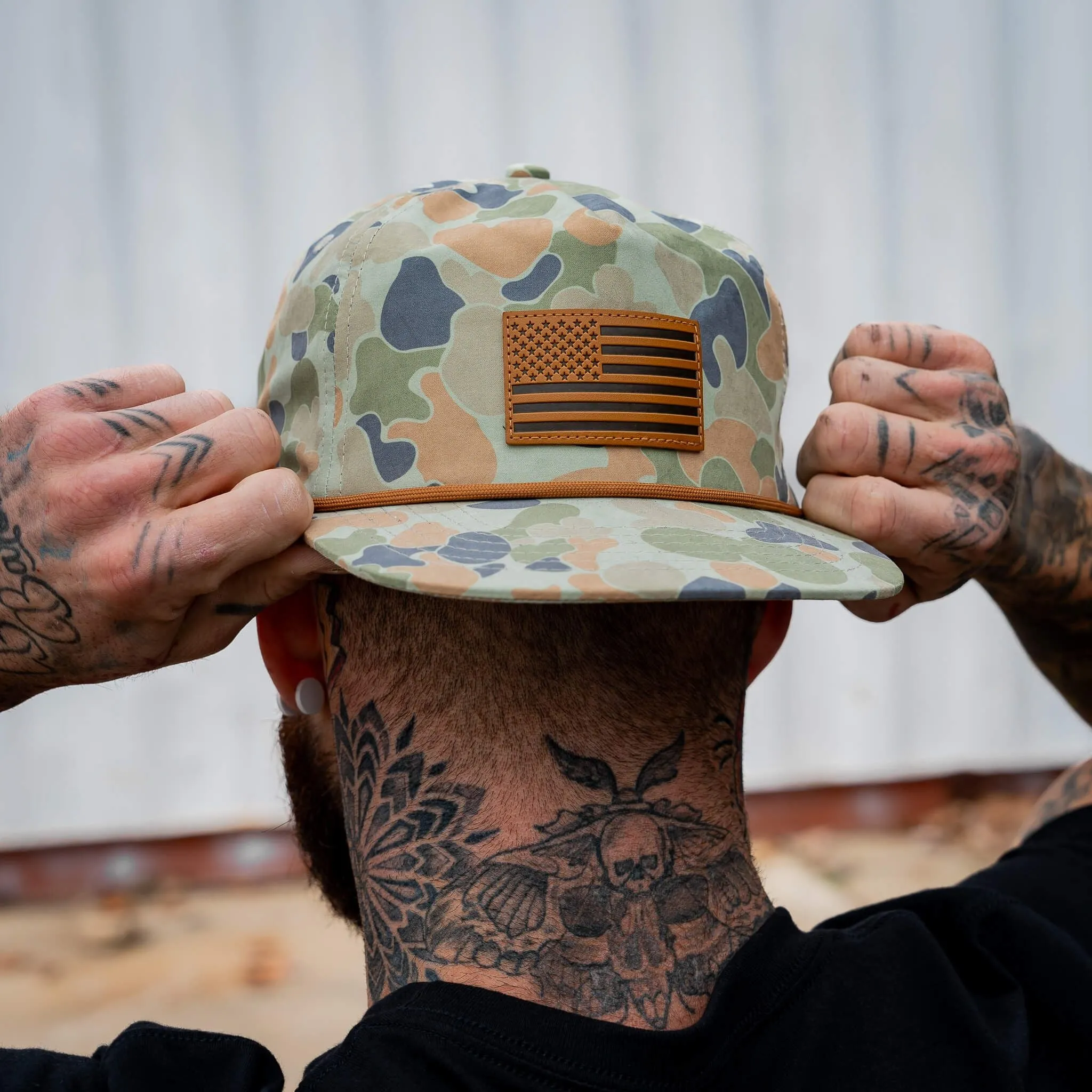 US Flag Leather Patch Crushable Rope Snapback Hat