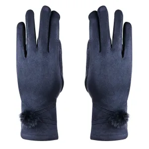 Women Gloves With Pom Poms - Navy