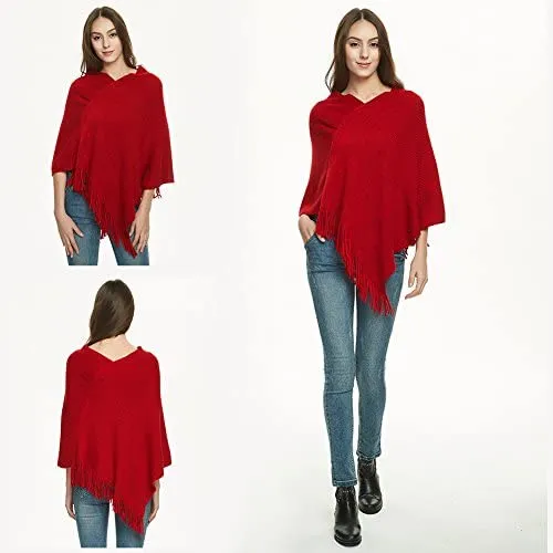 Women's Soft Knit Poncho Sweater Elegant Fringe Cape Shawl in Multi-Way Neck Style