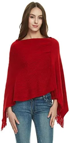 Women's Soft Knit Poncho Sweater Elegant Fringe Cape Shawl in Multi-Way Neck Style