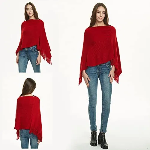 Women's Soft Knit Poncho Sweater Elegant Fringe Cape Shawl in Multi-Way Neck Style