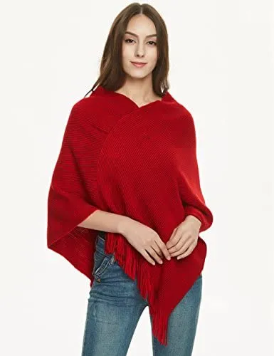 Women's Soft Knit Poncho Sweater Elegant Fringe Cape Shawl in Multi-Way Neck Style